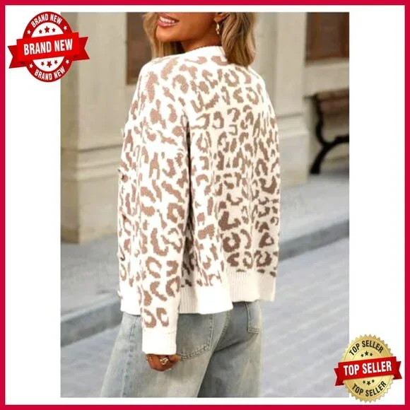 Leopard Print Cardigan Button Down Long Sleeve Crew Neck Sweater Tops - Picture 3 of 5